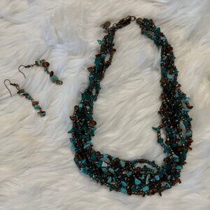 Turquoise, Amber & Tiger Eye 8Strand Beaded Statement Necklace & Earring Set NWT